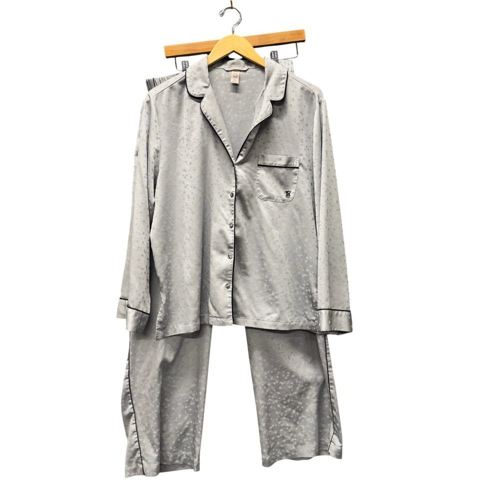 Victoria's Secret Pajama Set Womens Medium Satin Star Print Silver Sleepwear